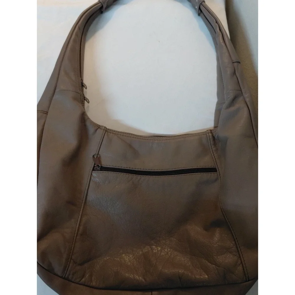 Vintage Genuine Leather Hobo Bag Taupe Gray Slouch Shoulder Purse Made in Mexico